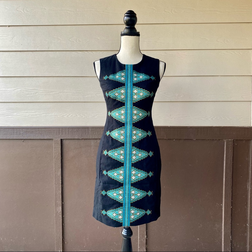 Tabitha Split Diamonds Embroidered Shift Dress Anthropologie Boho Aztec 0/XS